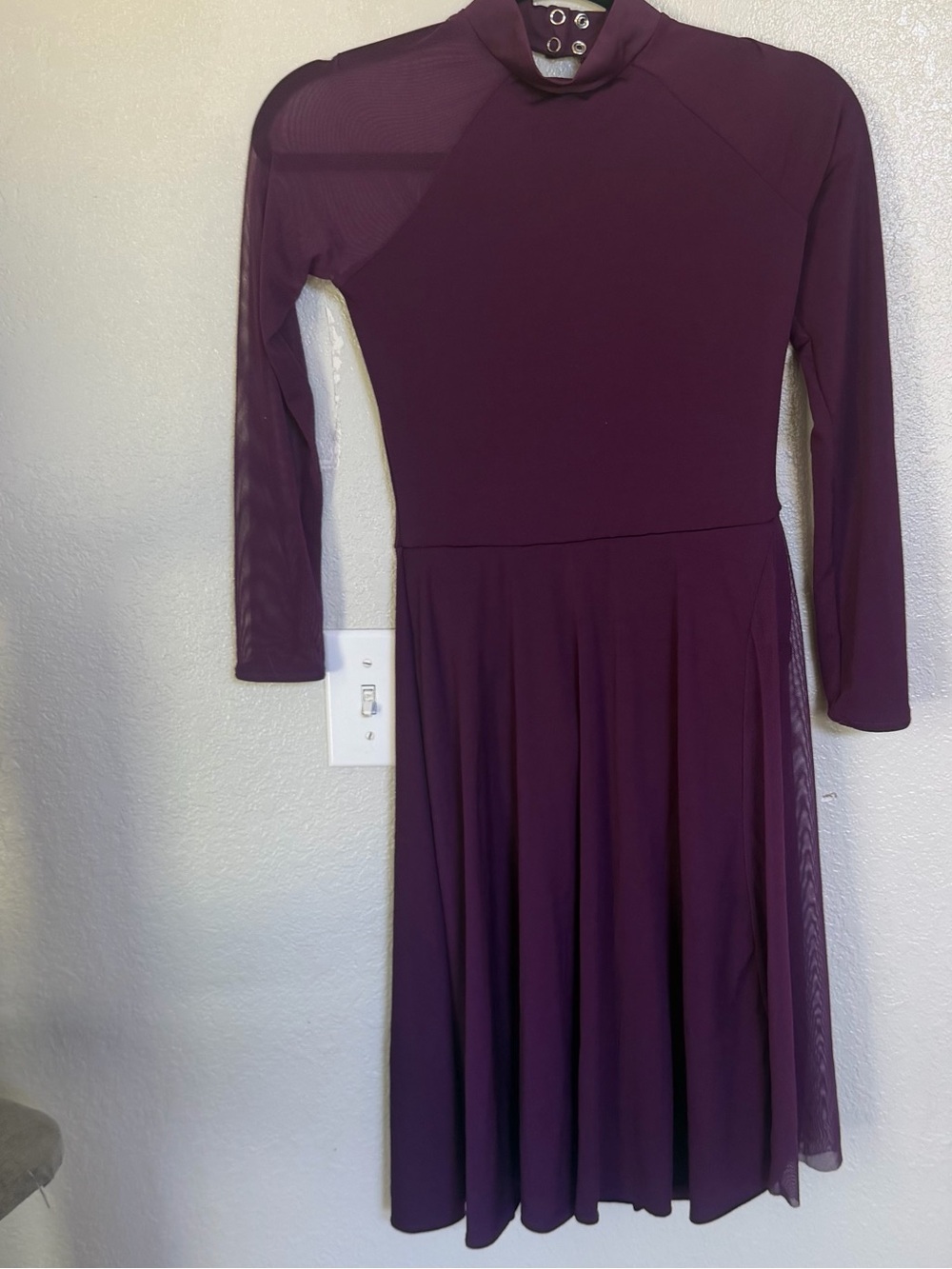 Long Sleeve Mock Neck Dress in Deep Plum with Mesh Shoulder